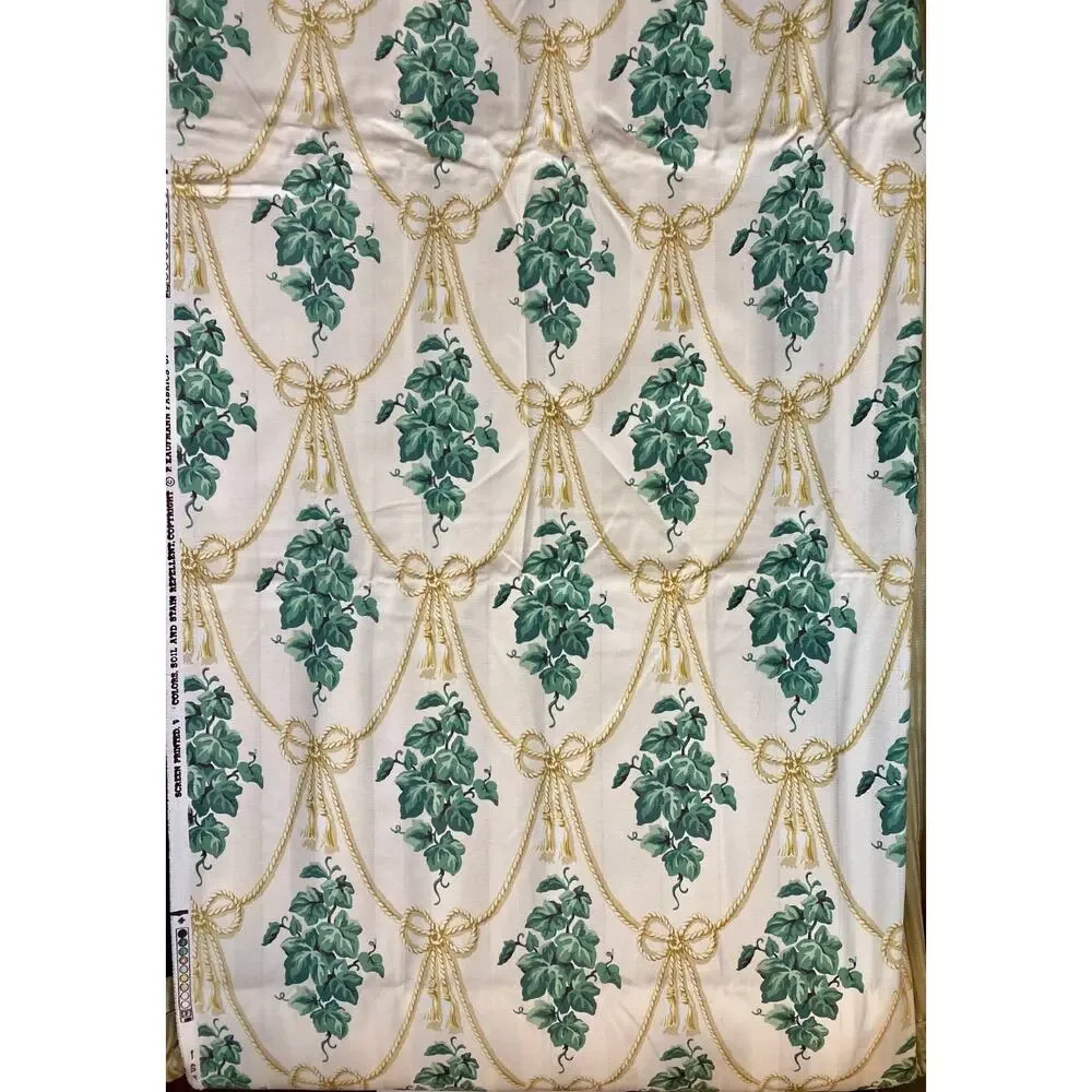 P. Kaufmann fabric pale yellow green ivy leaves white rope Cord Tassels 54